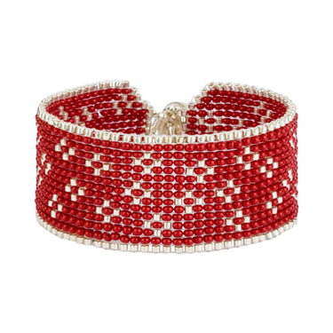 Brazalete Telar Plata Medio Miniflor Rojo